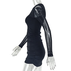 Long sleeve flower applique ruched mini dress