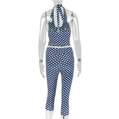 Halter flower applique polka dot pant set