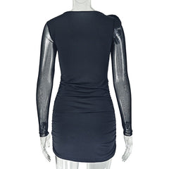 Long sleeve flower applique ruched mini dress