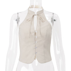 Halter smocked button backless top