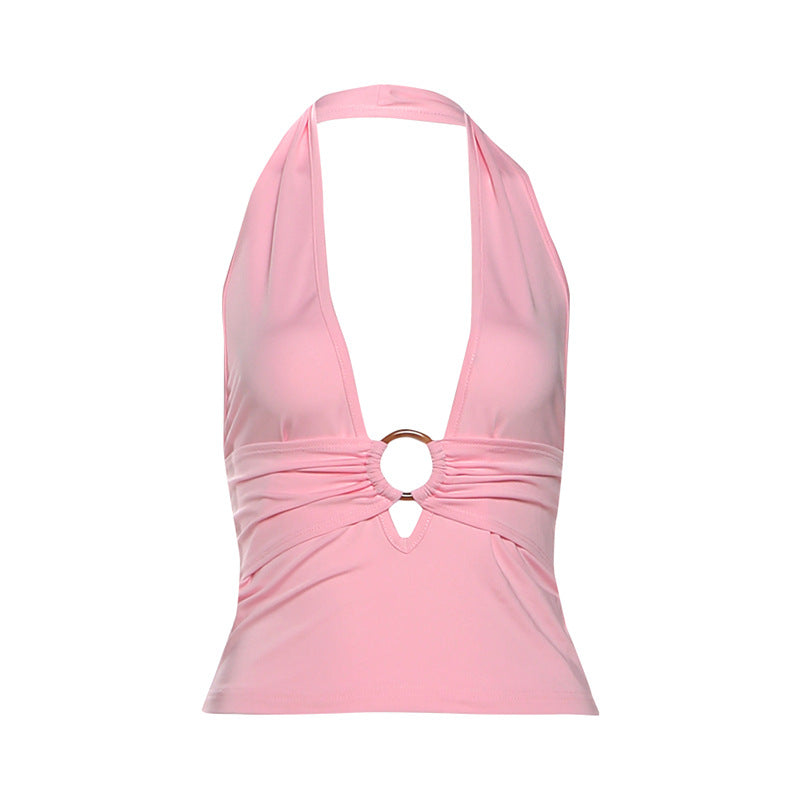 Halter v neck o ring ruched backless top