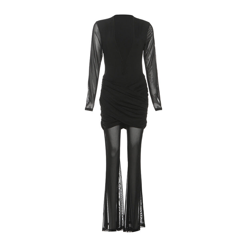 Long sleeve v neck mesh ruched jumpsuit