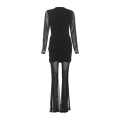 Long sleeve v neck mesh ruched jumpsuit