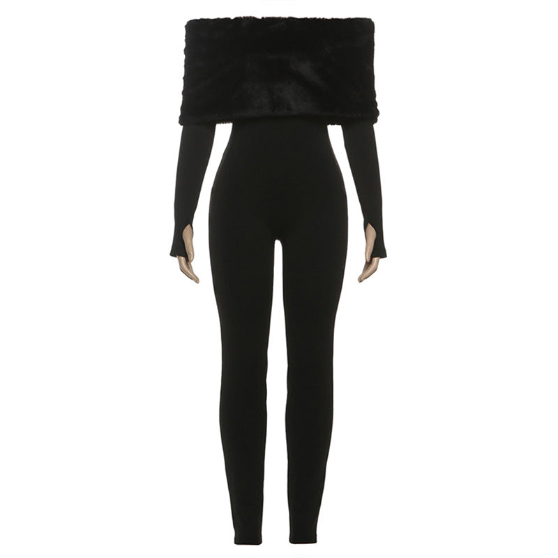 Off shoulder long sleeve fluffy jumpsuit