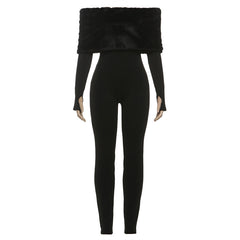 Off shoulder long sleeve fluffy jumpsuit