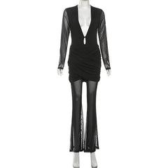 Long sleeve v neck mesh ruched jumpsuit