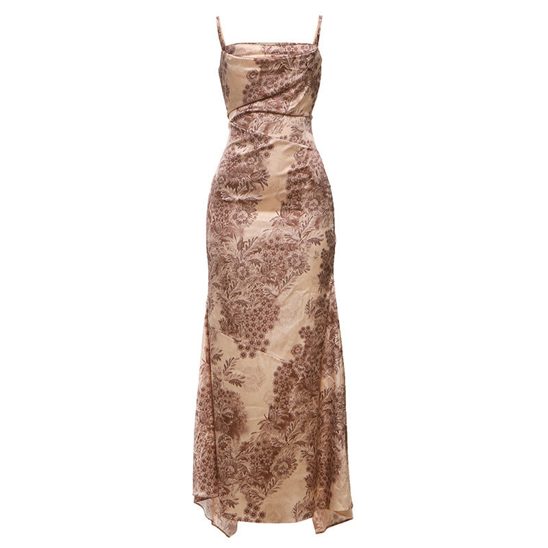 Square neck flower print backless cami maxi dress