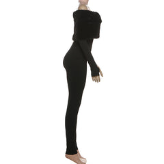Off shoulder long sleeve fluffy jumpsuit