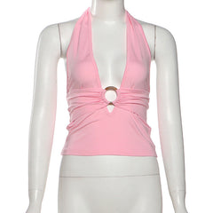 Halter v neck o ring ruched backless top