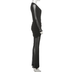 Long sleeve v neck mesh ruched jumpsuit