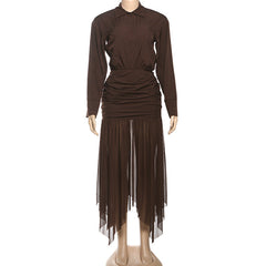 Turnover collar long sleeve ruched mesh maxi dress