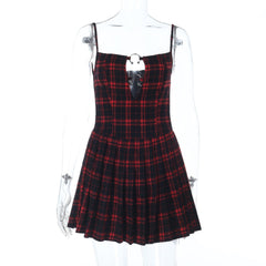 Plaid zip-up pleated cami mini dress