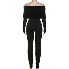 Off shoulder long sleeve fluffy jumpsuit