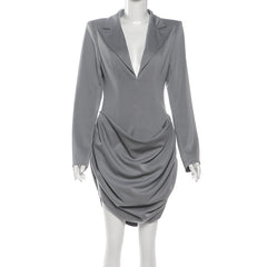 Turnover collar v neck long sleeve ruched mini dress