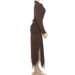 Turnover collar long sleeve ruched mesh maxi dress