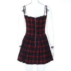 Plaid zip-up pleated cami mini dress