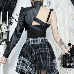 Long sleeve buckle PU leather top
