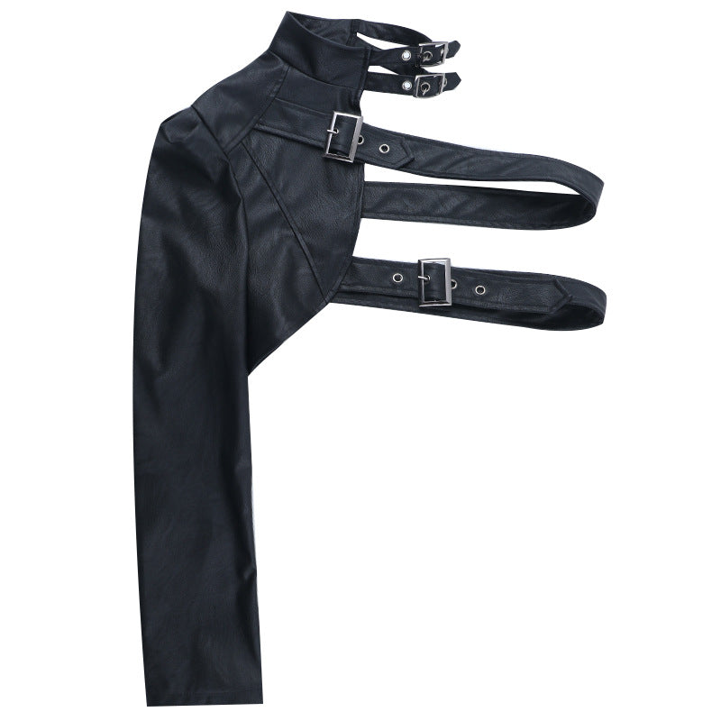 Long sleeve buckle PU leather top