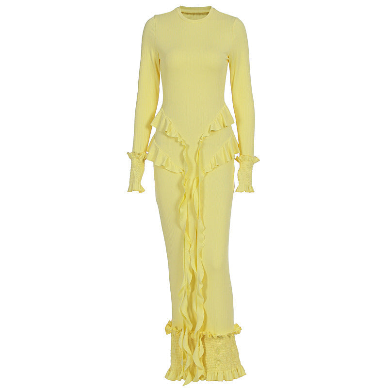 Long sleeve ruffle smocked crewneck maxi dress