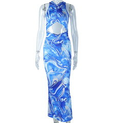 Cross back hollow out ruched print cut out maxi dress