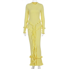 Long sleeve ruffle smocked crewneck maxi dress