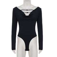 V neck long sleeve beaded solid bodysuit