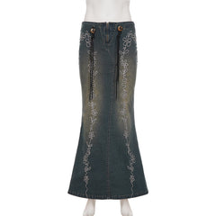 Denim embroidery zip-up slit maxi skirt