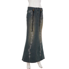 Denim embroidery zip-up slit maxi skirt