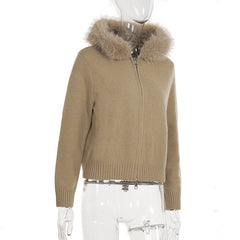 Hoodie long sleeve fluffy zip-up top
