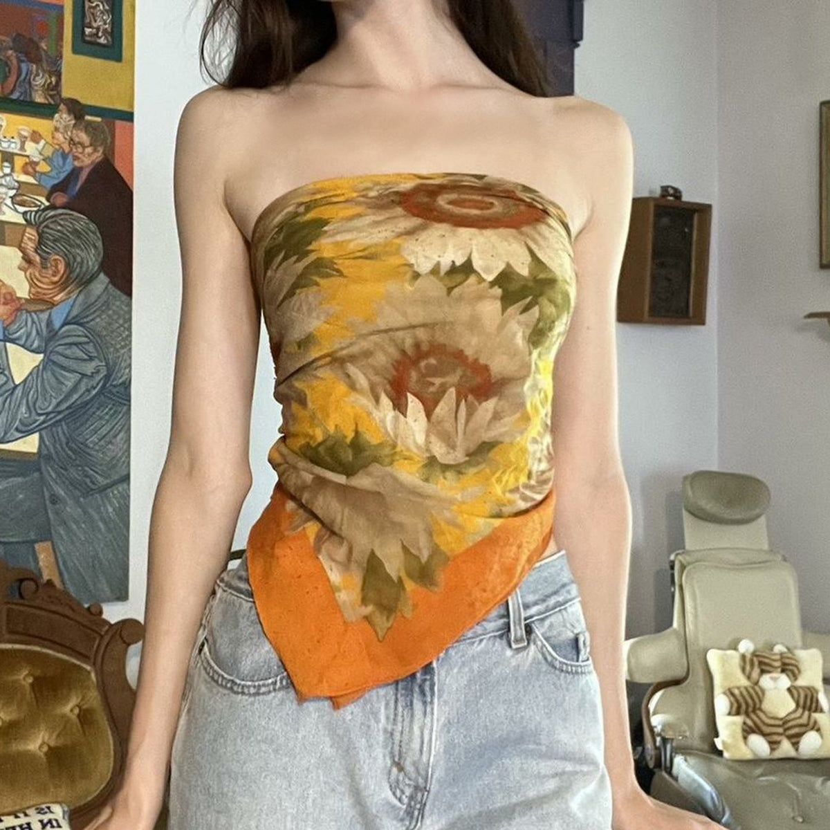 Flower print knotted tube top