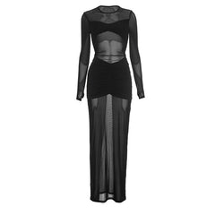 Long sleeve crewneck ruched mesh hollow out cut out maxi dress