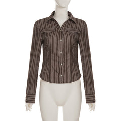 Turnover collar long sleeve striped print button top