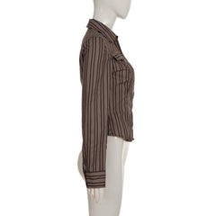 Turnover collar long sleeve striped print button top