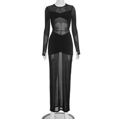 Long sleeve crewneck ruched mesh hollow out cut out maxi dress