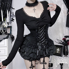 Long sleeve v neck lace hem top