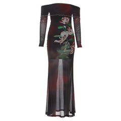 Off shoulder long sleeve flower print mesh maxi dress