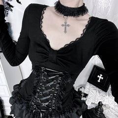 Long sleeve v neck lace hem top