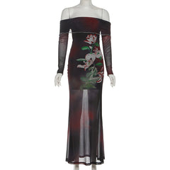 Off shoulder long sleeve flower print mesh maxi dress