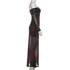 Off shoulder long sleeve flower print mesh maxi dress