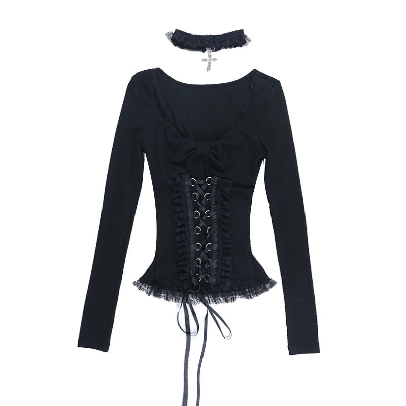 Long sleeve v neck lace hem top