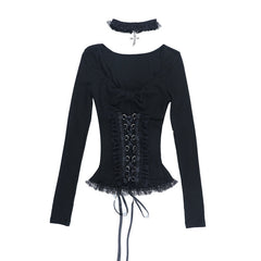 Long sleeve v neck lace hem top