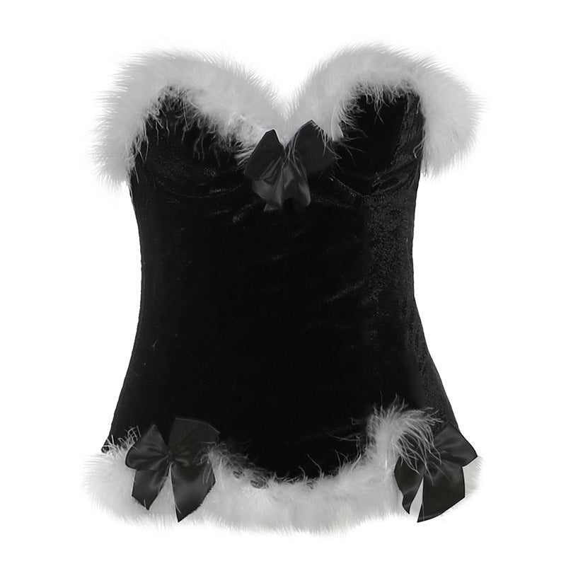 Sweetheart neck bowknot lace up feather top