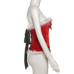 Sweetheart neck bowknot lace up feather top