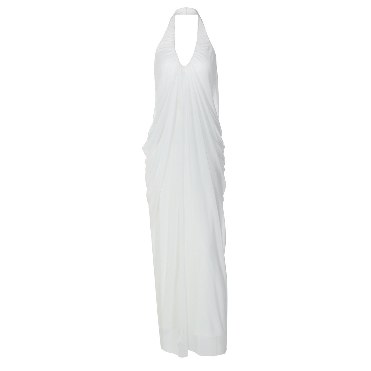 Halter v neck ruched backless mesh maxi dress