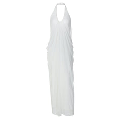 Halter v neck ruched backless mesh maxi dress