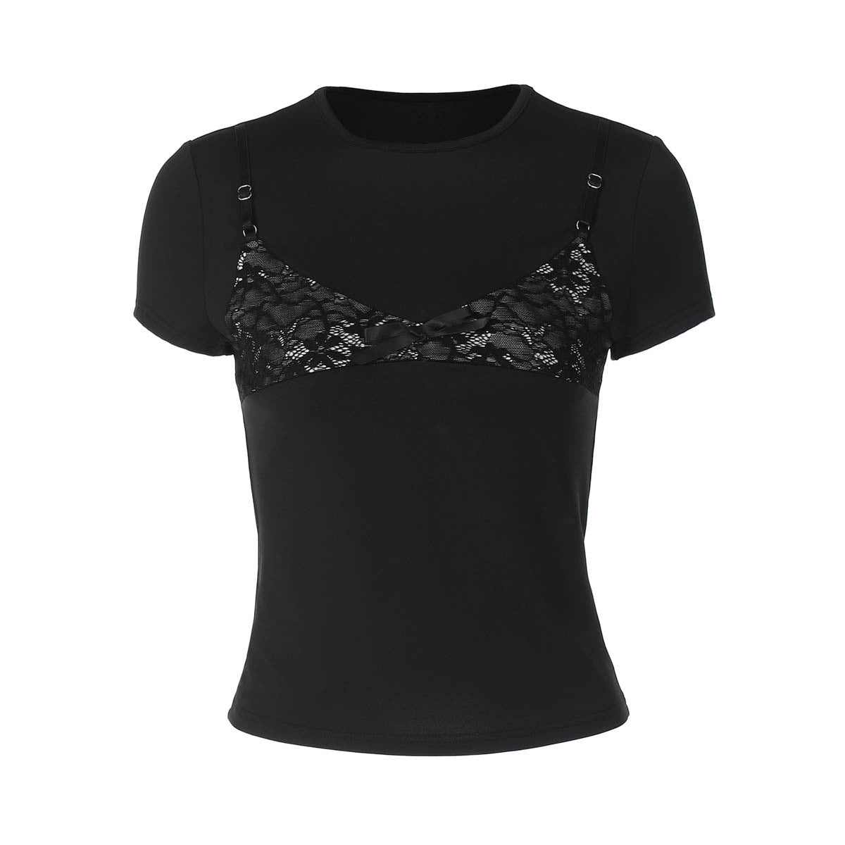 Short sleeve crewneck lace patchwork top