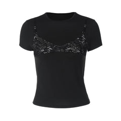 Short sleeve crewneck lace patchwork top