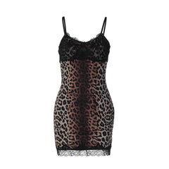 Leopard print v neck lace hem cami mini dress