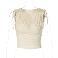 V neck ruched drawstring crop top