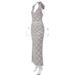 V neck halter self tie slit backless maxi dress